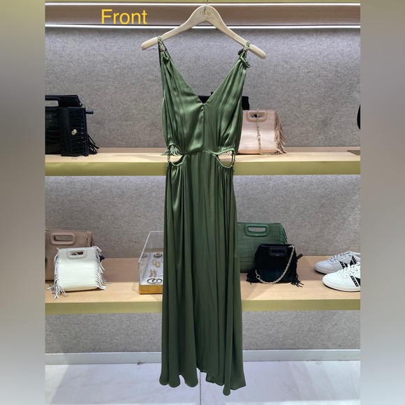 SIZE 34 MAJE KHAKI SATIN LONG STRAIGHT-CUT DRESS WITH OPENWORK AT THE WAIST 👗 - Picture 10 of 11
